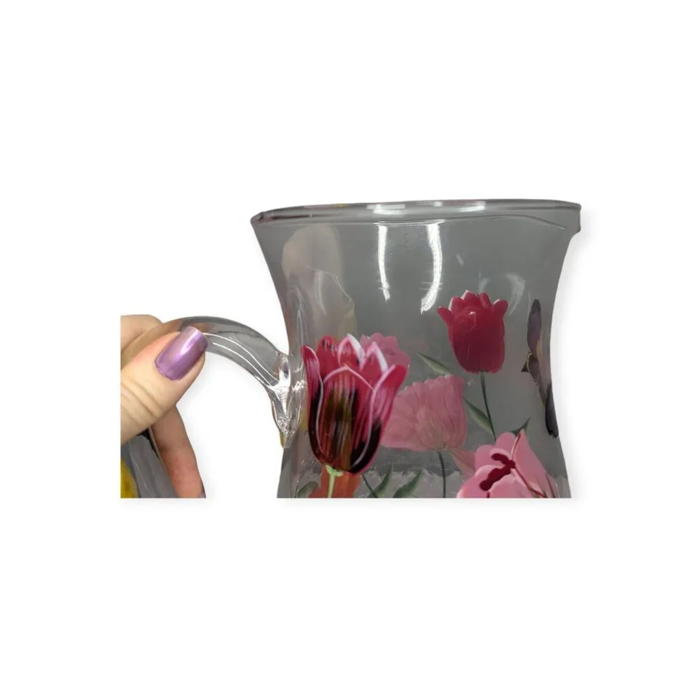 Vintage Fifth Avenue Crystal Hand Painted Floral Crackle Glass Drinking Pitcher